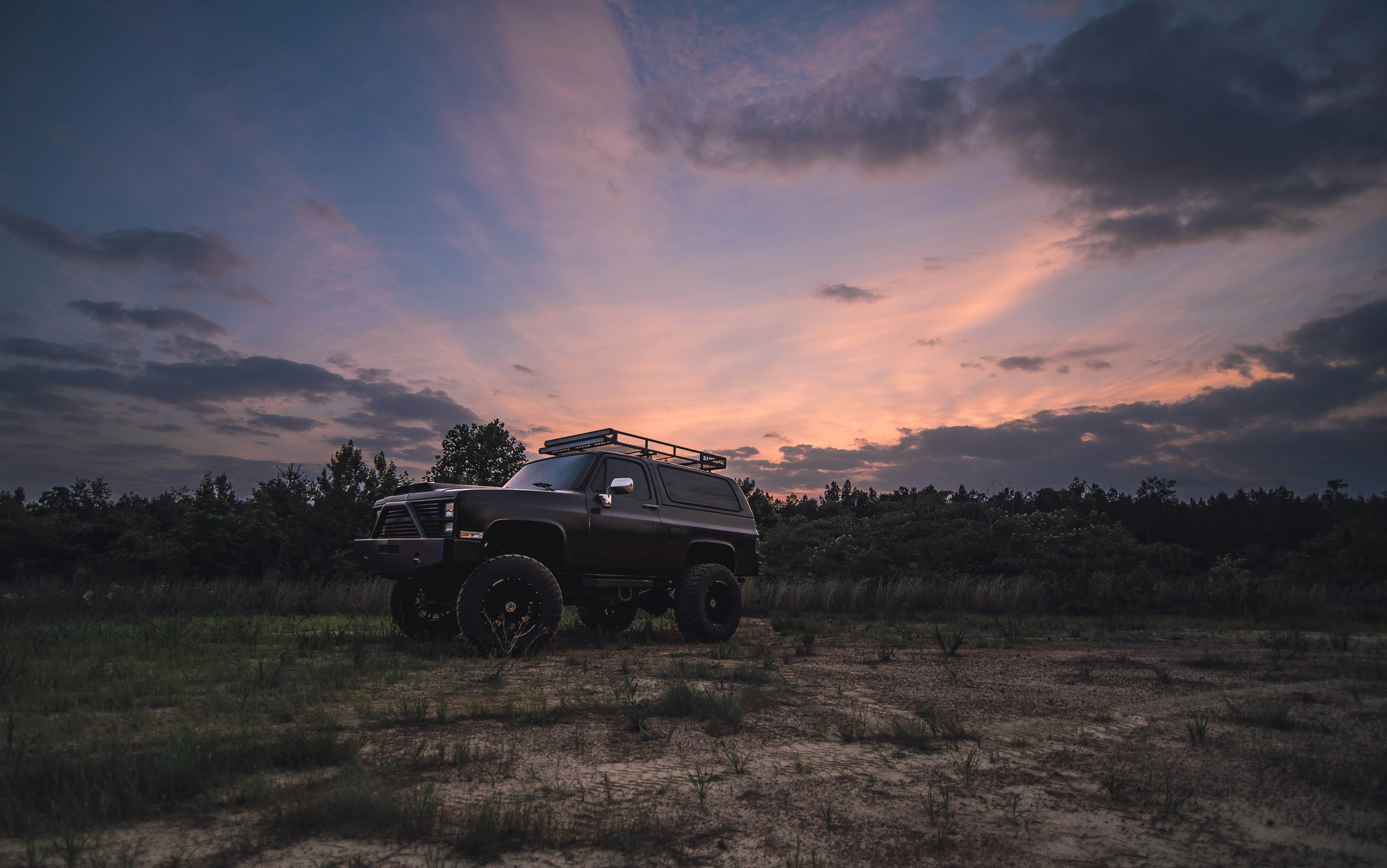 black SUV near green trees under cloudy sky