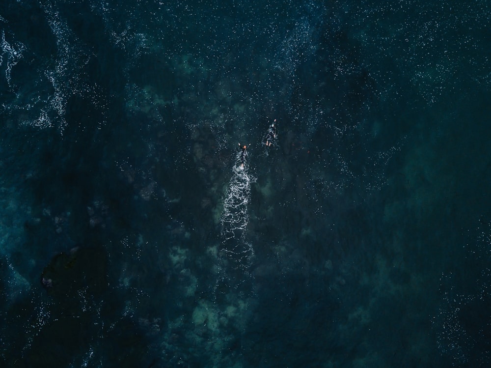 bird's eye photography of two person swimming in ocean