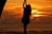 silhouette photo of a man holding rope on seashore during sunset