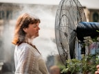 A person enjoying a refreshing breeze from a portable fan at a picnic.
