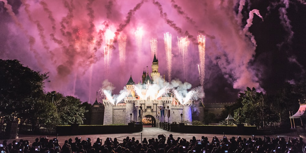 Castillo gris con fuegos artificiales durante la fotografía nocturna