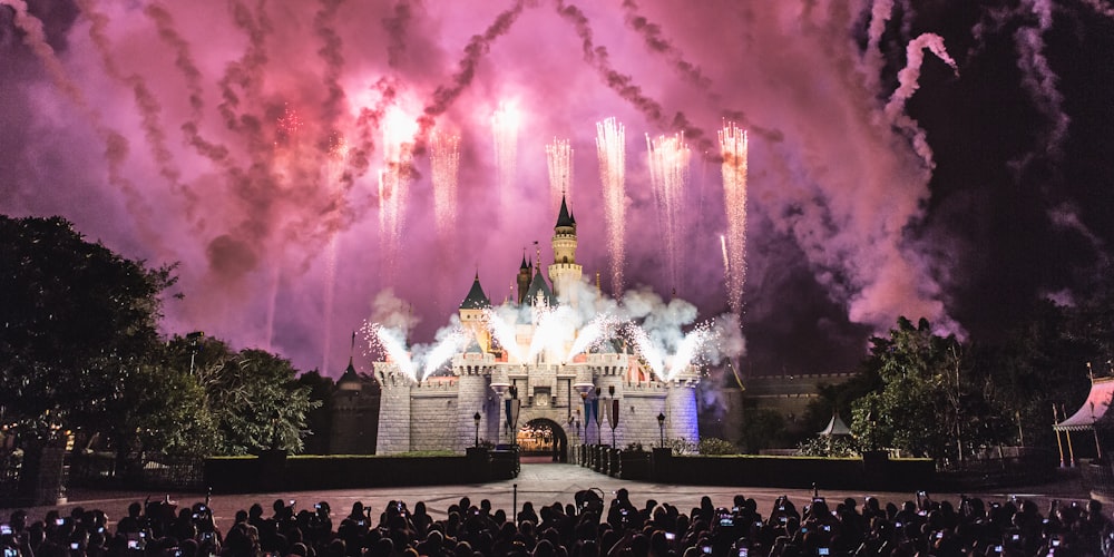 夜の写真撮影中に花火が打ち上げられる灰色の城