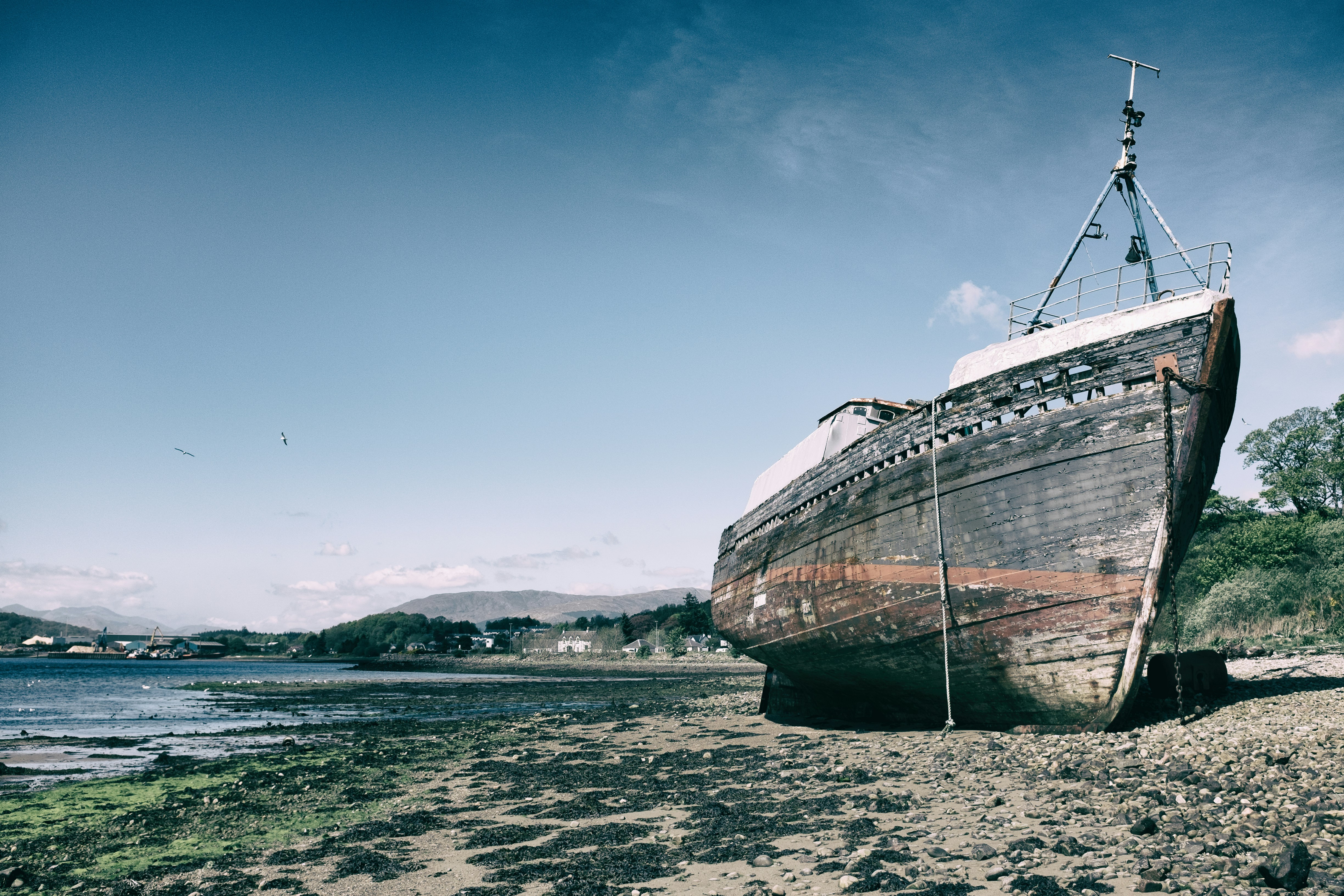 brown ship docked on seasore