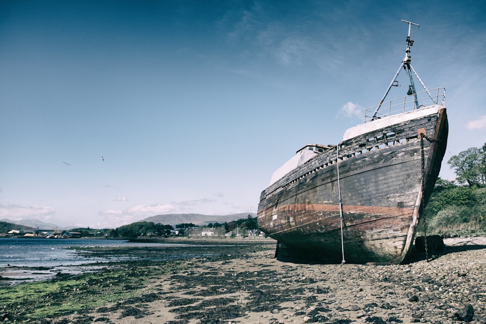 brown ship docked on seasore