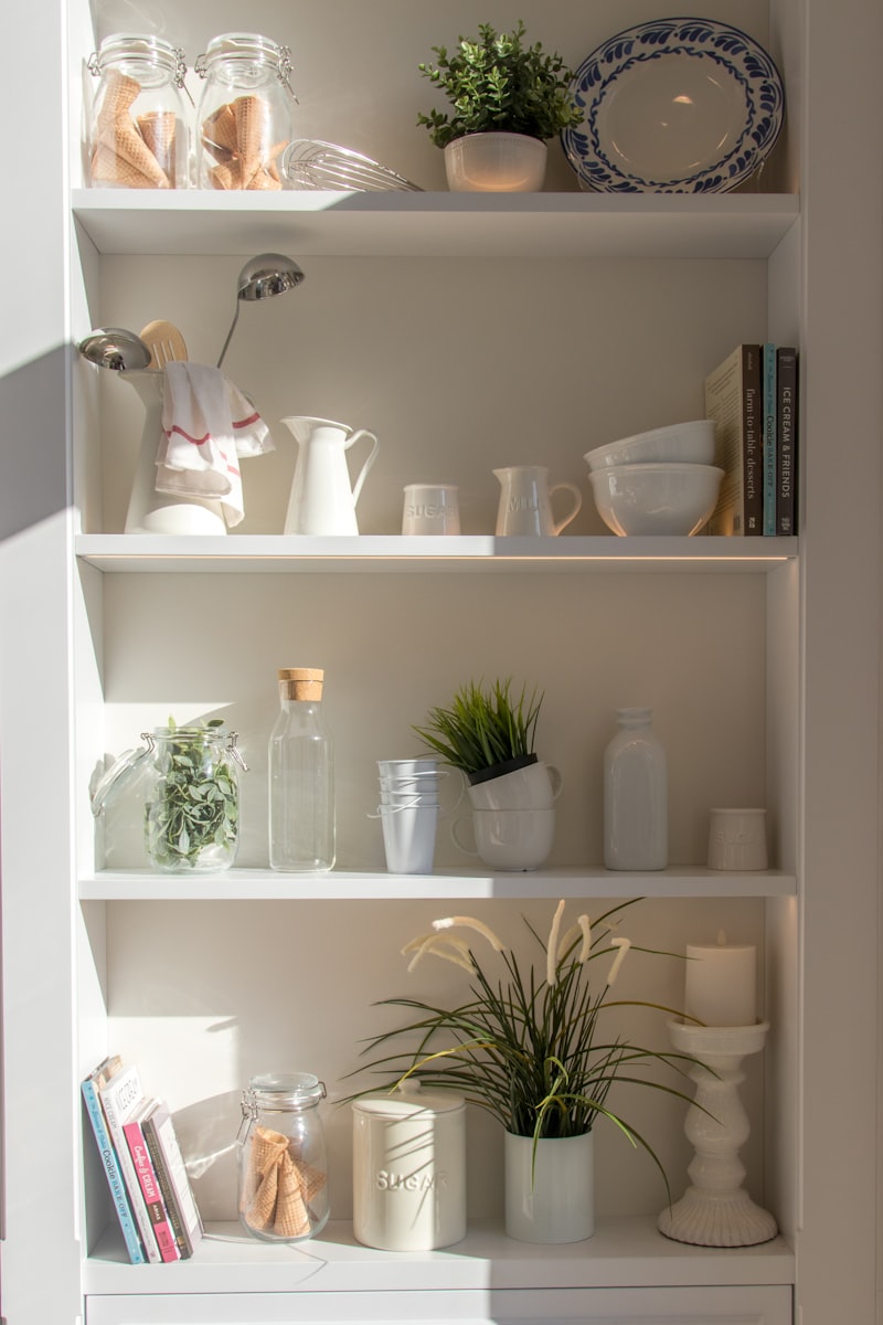 Shelves holding bowls and bottles in a neat arrangement