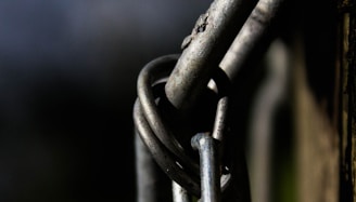 Close-up view of intertwined metal wires, showcasing rough textures and details against a dark background. The focus is on the metal pieces, highlighting their curves and metallic sheen with hints of rust and wear.