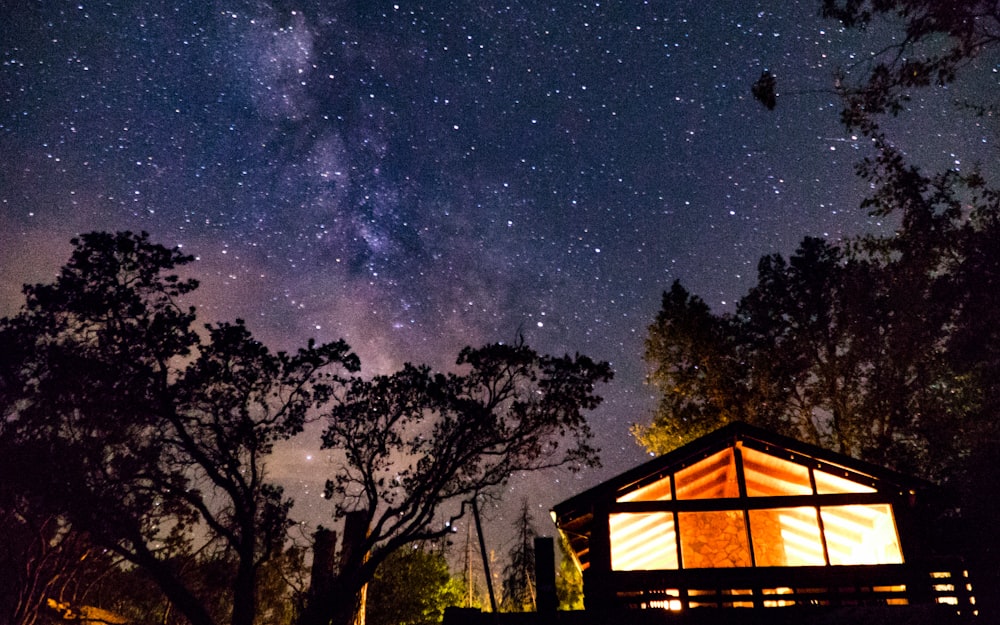 Silhouette eines Hauses in der Nähe von Bäumen während der Nacht