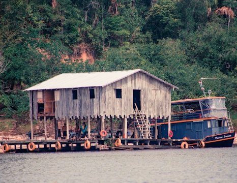 A wooden stilt house stands by a riverbank, with a small dock extending into the water. A boat is moored to the dock, and several life rings hang along the edge. The lush greenery of the forest serves as a backdrop, contrasting with the rustic structure.