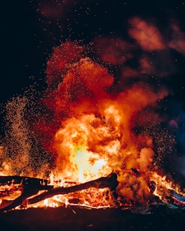 Bright flames and smoke fill the scene, with sparks flying against a dark background. Large logs and burning debris are engulfed in the fire, creating an intense and dynamic visual effect.
