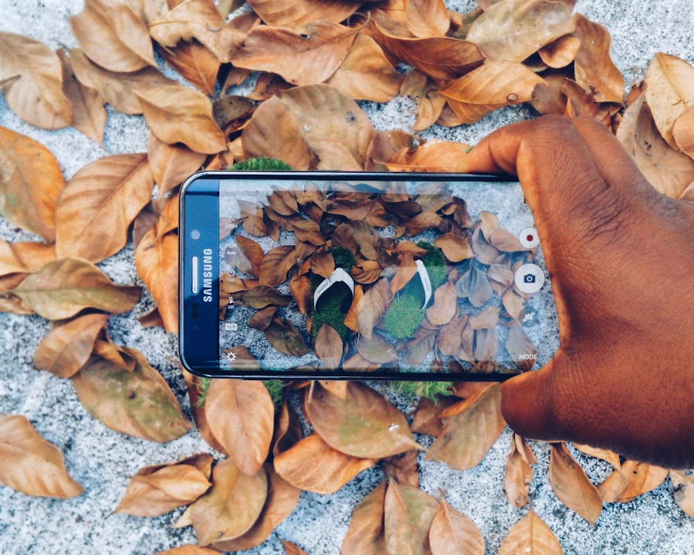 smartphone Samsung Galaxy preto tirando foto de chinelos verdes com folhas secas
