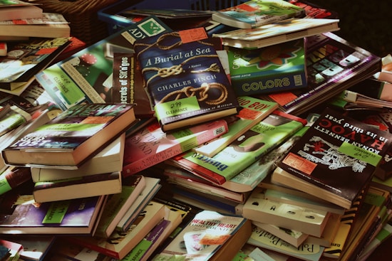 A large pile of various books, mostly paperbacks, in different colors and sizes. Many books have clearance sale stickers on them. The books are stacked haphazardly, overlapping each other. Some titles and covers are clearly visible while others are partially obscured.