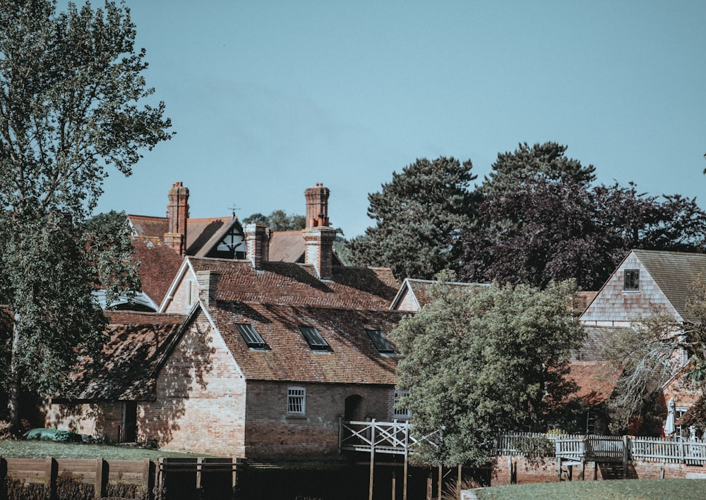 brown and gray concrete houses near trees under blue skies