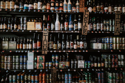 labeled glass bottles on shelf