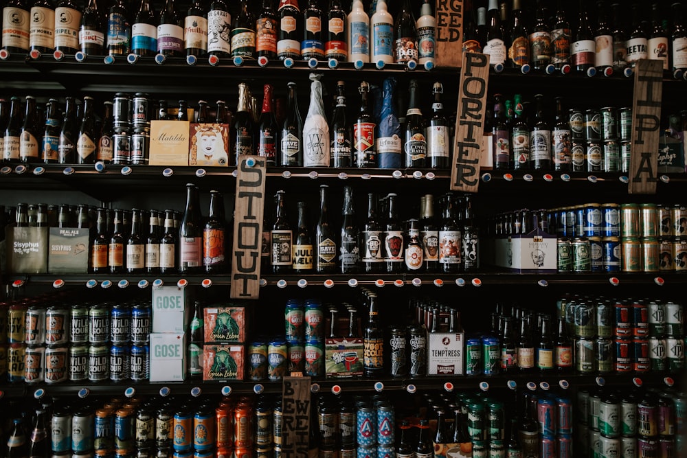 labeled glass bottles on shelf