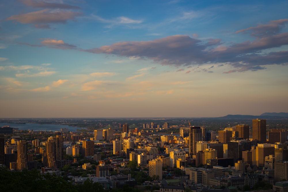 aerial photography of city with high-rise buildings viewing blue sea under blue and white sky during daytime