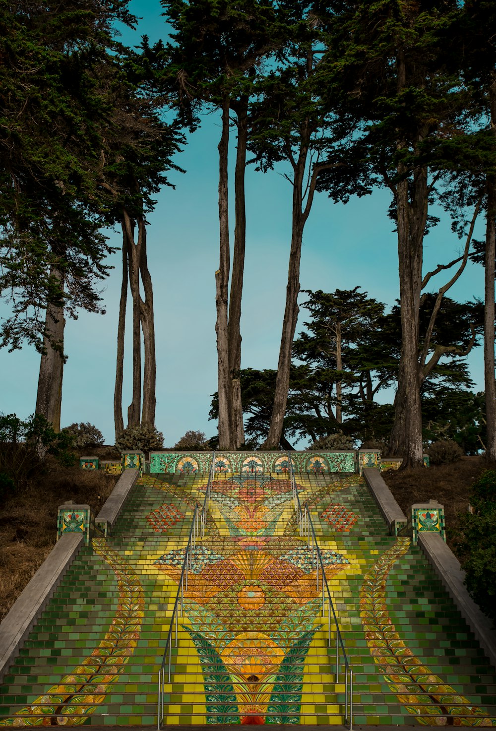 multicolored stairs under green leafed tree