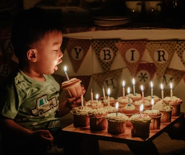 boy holding cupcake blowing the candle