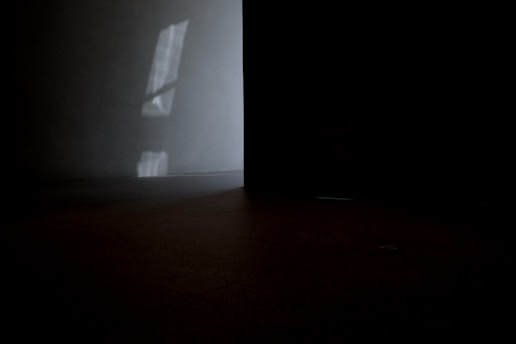 A shadowed corner of an art studio, faint light slipping through heavy curtains onto a textured canvas.