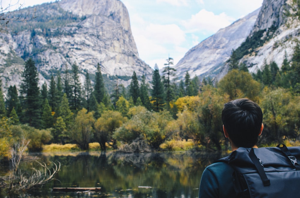 man facing green forest