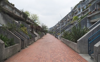 A modernist architectural scene featuring symmetrical concrete structures on both sides of a wide, red-brick pathway. The buildings have a series of staggered steps and balconies, each adorned with various green plants. The sky is overcast, adding a muted atmosphere to the overall setting.
