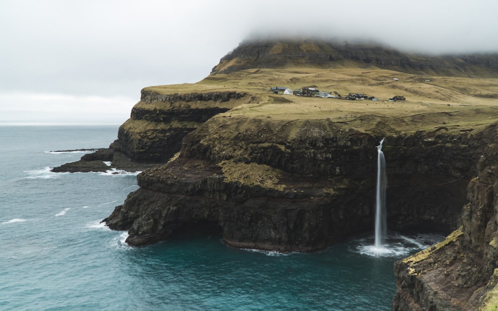 bird's-eye view photograph of cliff near body of water