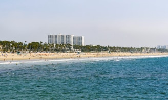 A sandy beach stretching along the coastline with people enjoying various activities on both the sand and in the water. Tall palm trees line the background, and there is a large modern building in the distance.
