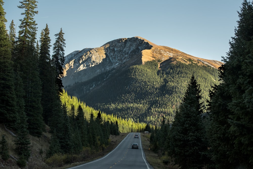 two vehicle on gray concrete pavement towards mountain taken at daytime