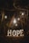 In a dimly lit forest setting, several glowing light bulbs hang from tree branches. Below them, illuminated letters spell out the word 'HOPE'. The scene is surrounded by dark trees and leaves, creating a mysterious atmosphere.