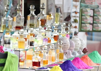 display of fragrance bottle collection outdoors