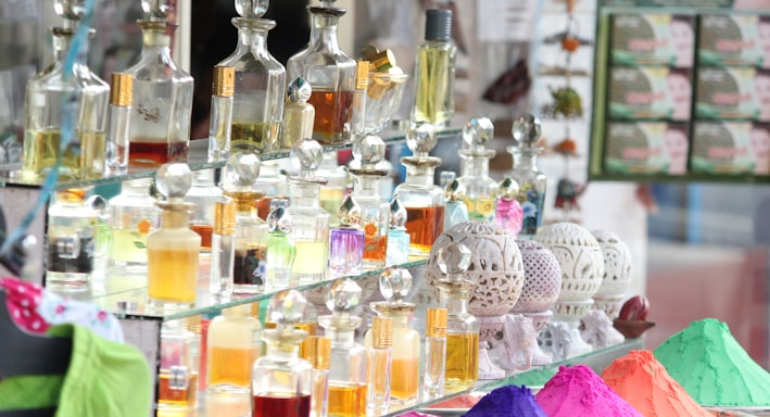 display of fragrance bottle collection outdoors