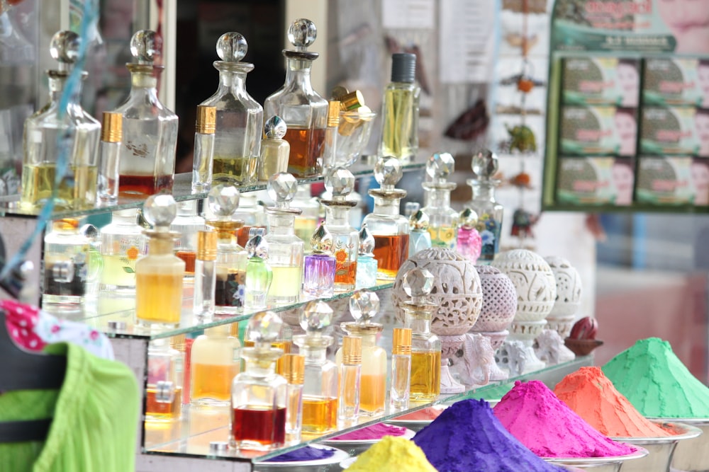 display of fragrance bottle collection outdoors