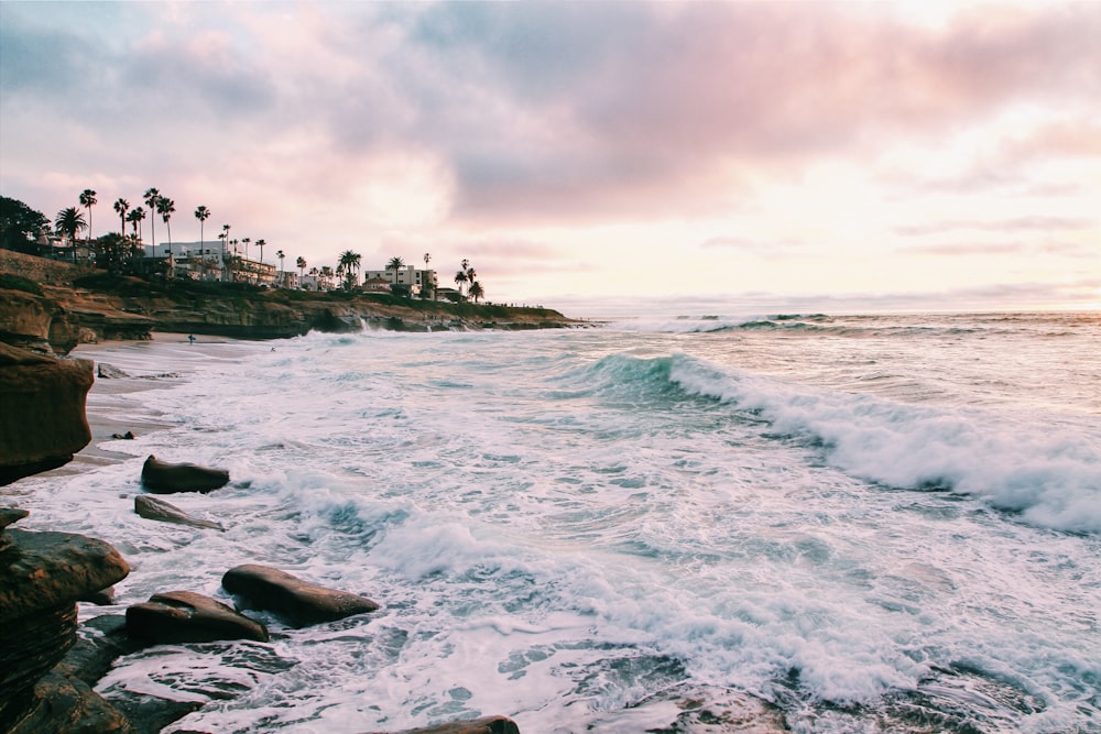 sea waves crashing on shore during golden hour