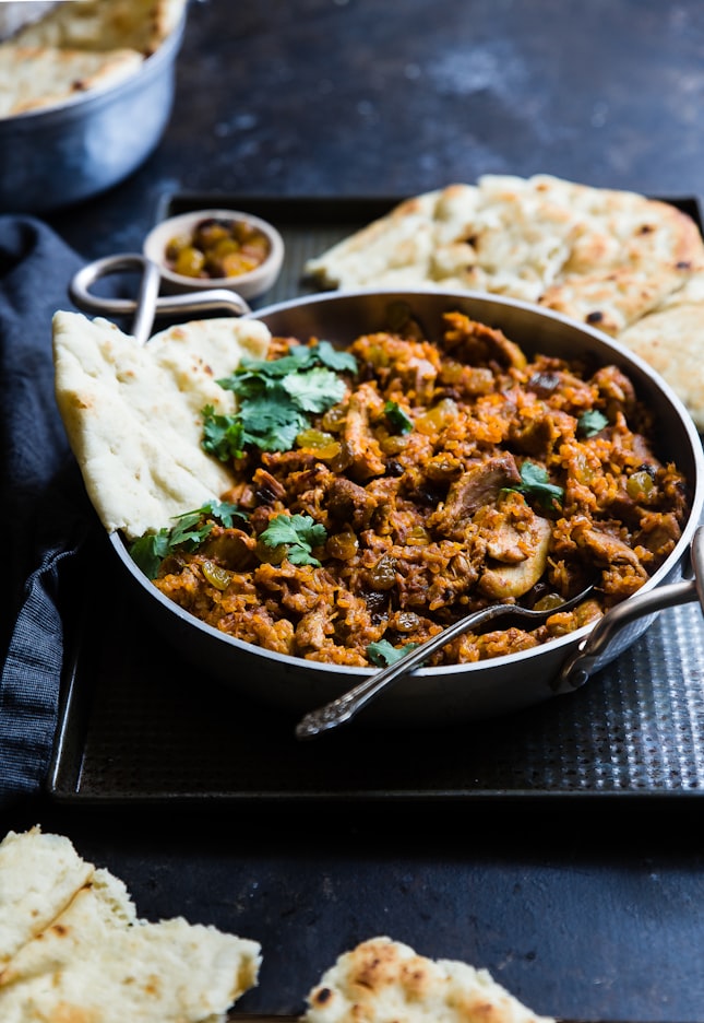 Meat and naan in a pan