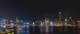 A panoramic view of New York City skyline at night with glowing skyscrapers.