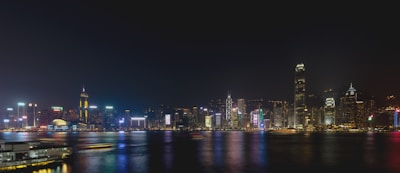 A panoramic view of Dubai’s skyline at night, illuminated with dazzling lights and towering skyscrapers.