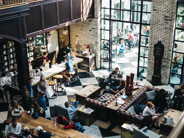 aerial photo of people on bar