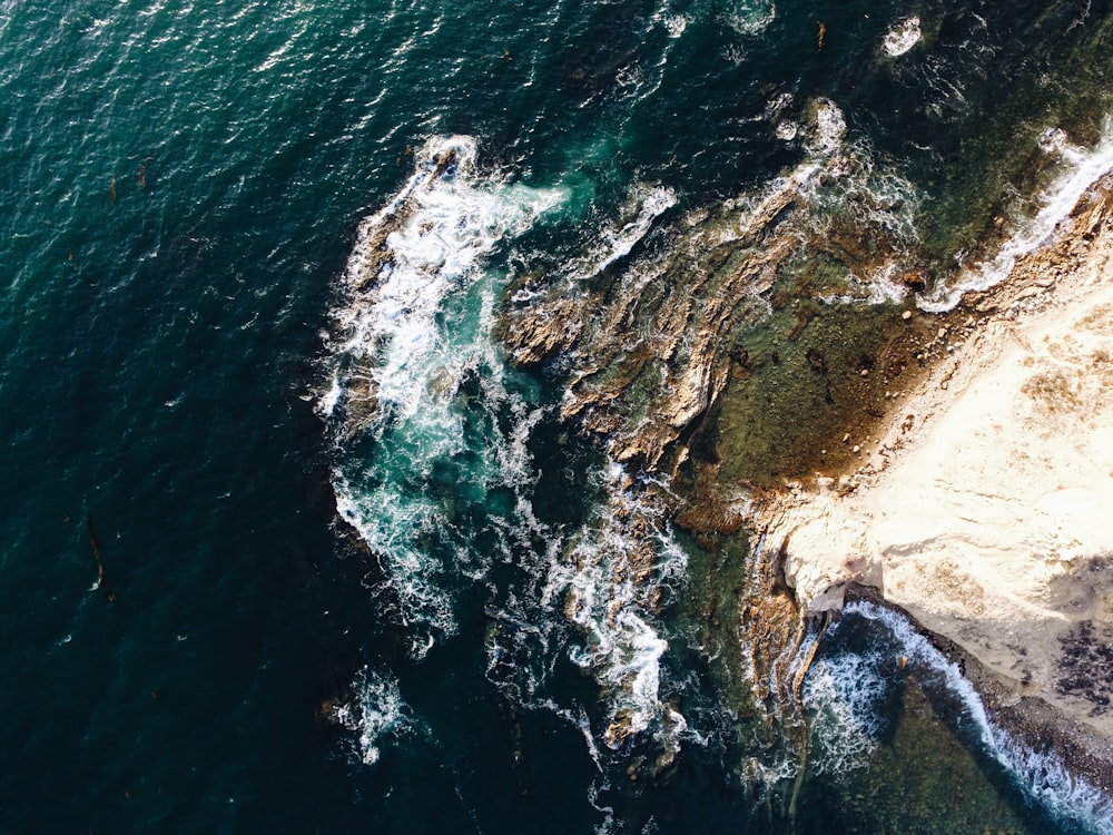 aerial photography of brown rocky shoreline at daytime
