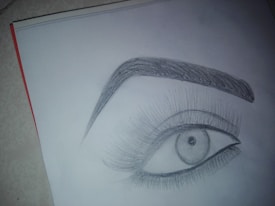 A detailed pencil sketch of a human eye, including the eyebrow, eyelashes, and iris on a piece of white paper.