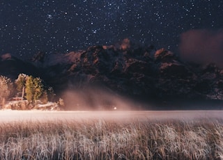 landscape photo of mountains under starry sky at nighttime