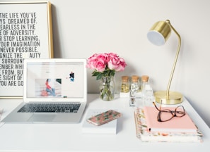 MacBook Air beside gold-colored study lamp and spiral books