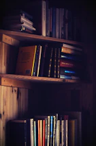 Legal books stacked on a wooden shelf in a cozy office.