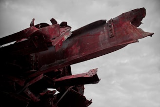 Rusty metal scraps scattered across a neglected landscape under a cloudy sky.