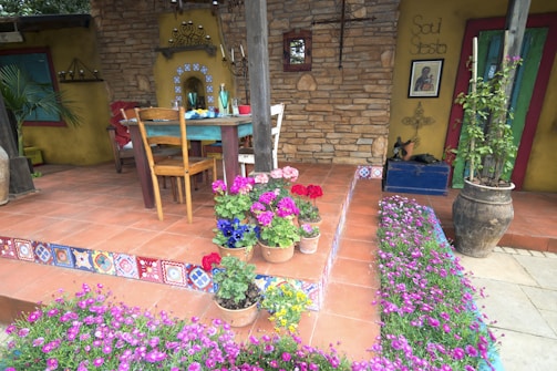 An outdoor patio with decorative tiles.