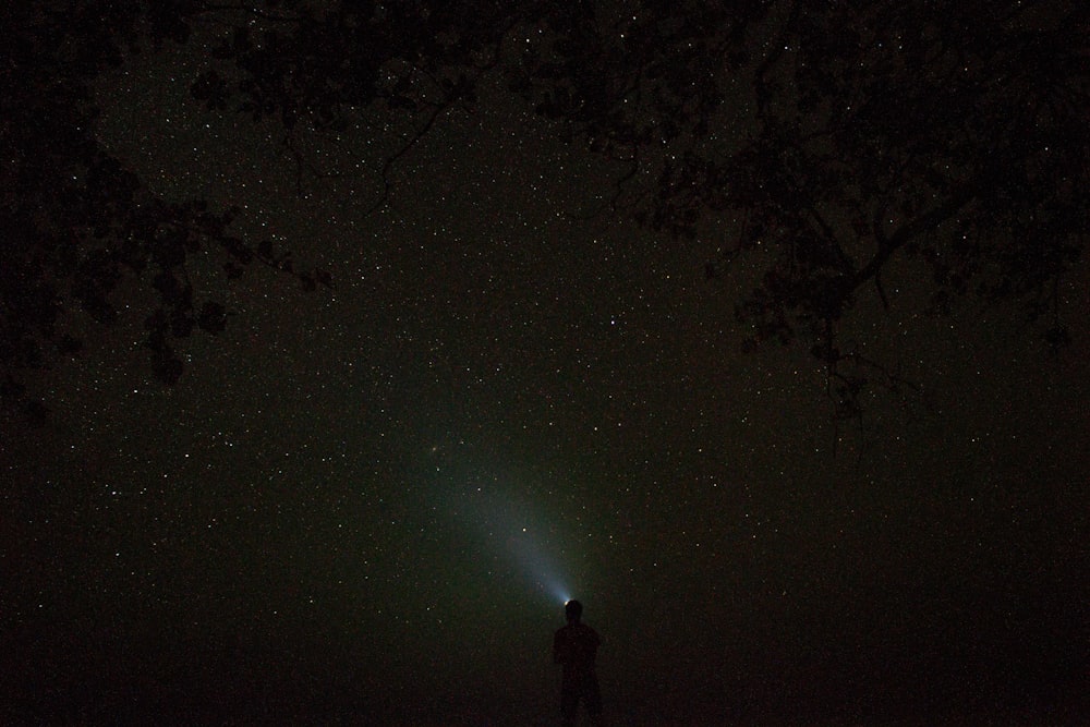 silhouette of person pointing his flashlight to the sky during nighttime photo