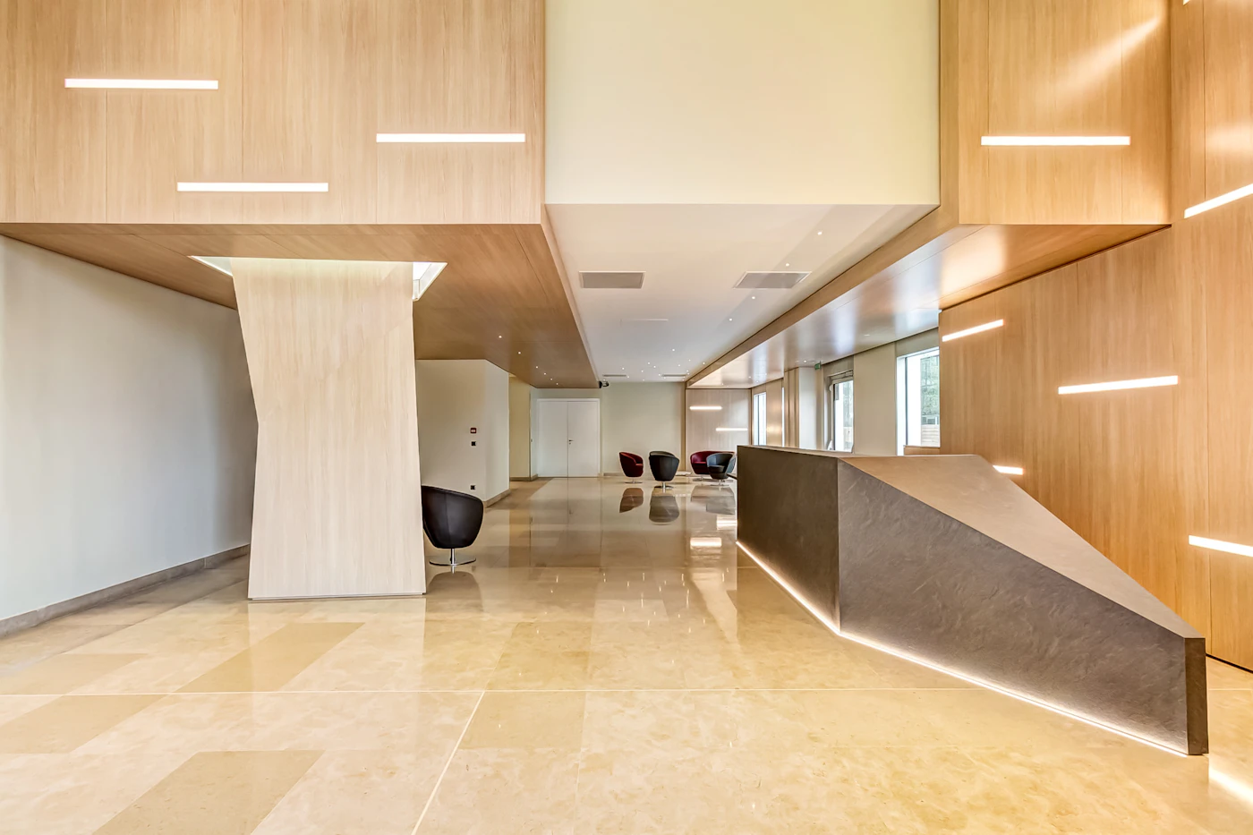 Modern reception desk in a bright lobby