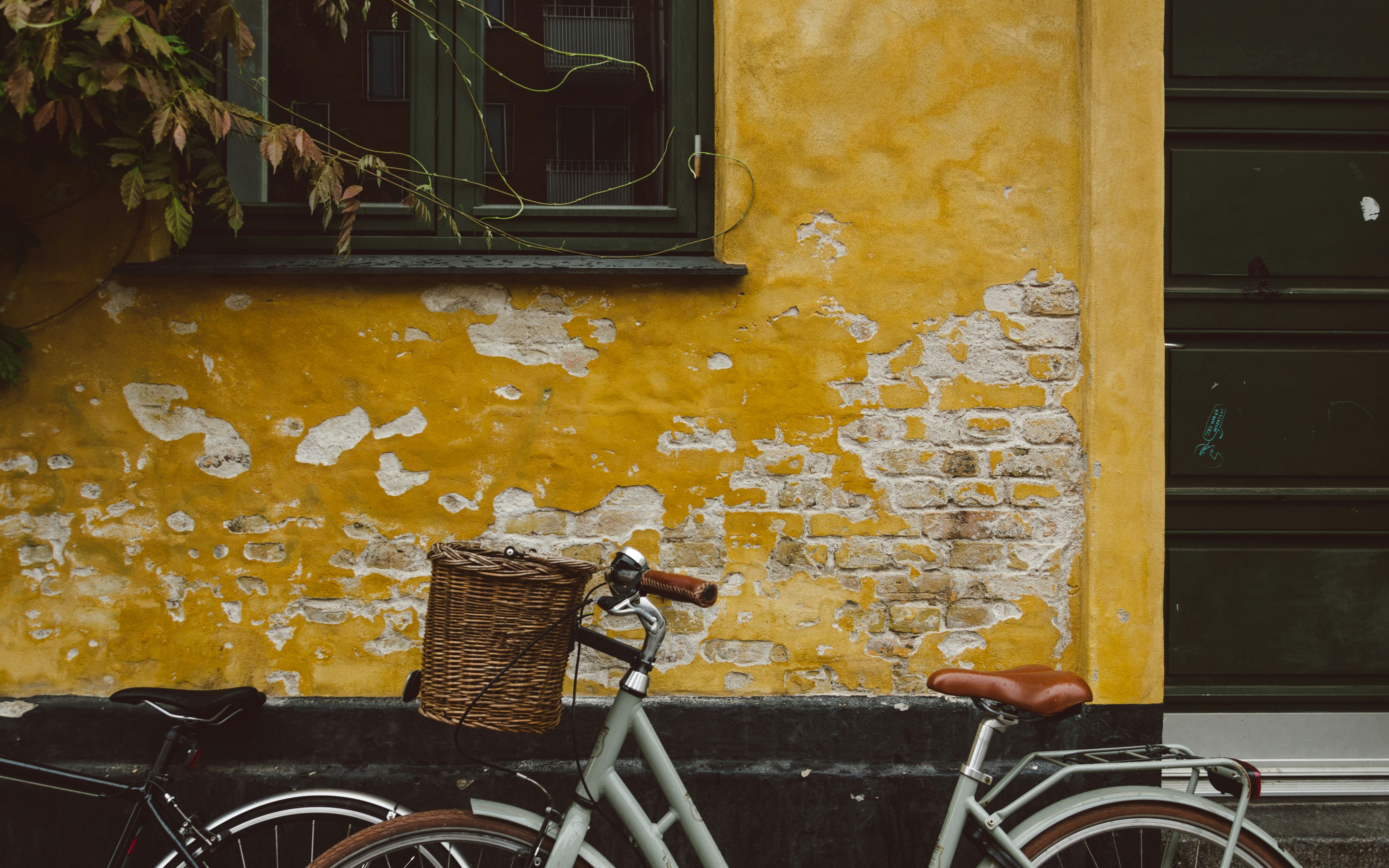 gray bicycle leaning on brown wall