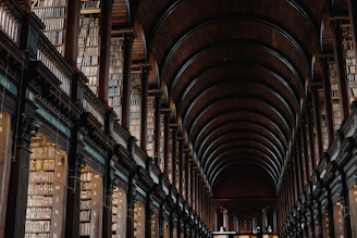 A majestic black and gold library hall with towering ancient columns and softly glowing golden light illuminating rows of classic leather-bound books.