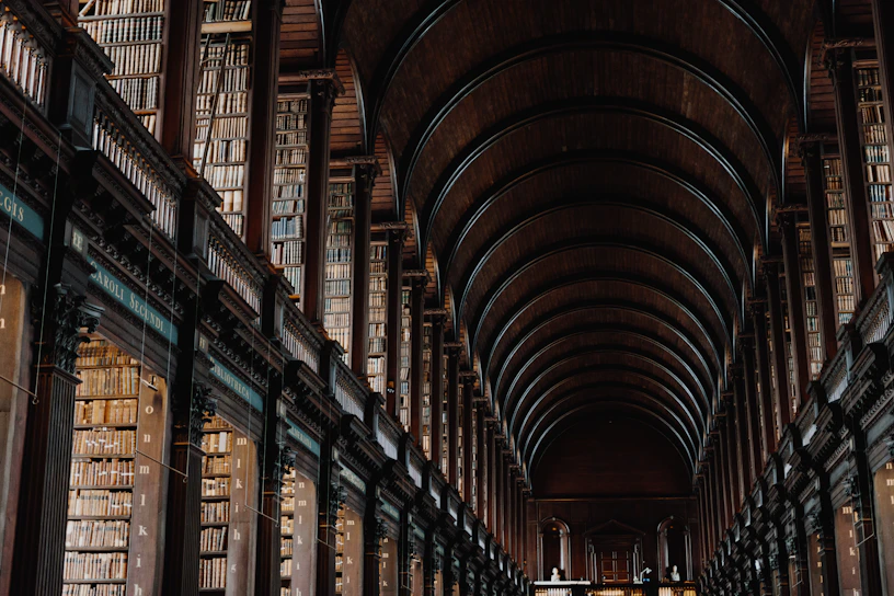 A grand ancient library hall bathed in golden light with towering shelves filled with leather-bound books.