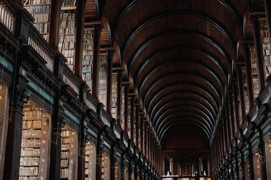 A majestic black and gold library hall with towering ancient columns and softly glowing golden light illuminating rows of classic leather-bound books.