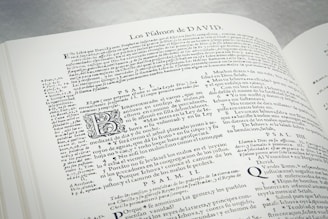 An open book displaying text in Spanish. The text includes headings, paragraphs, and some stylized letters. The content appears to be religious or historical in nature, with references to Psalms. The layout is dense with a small font size.